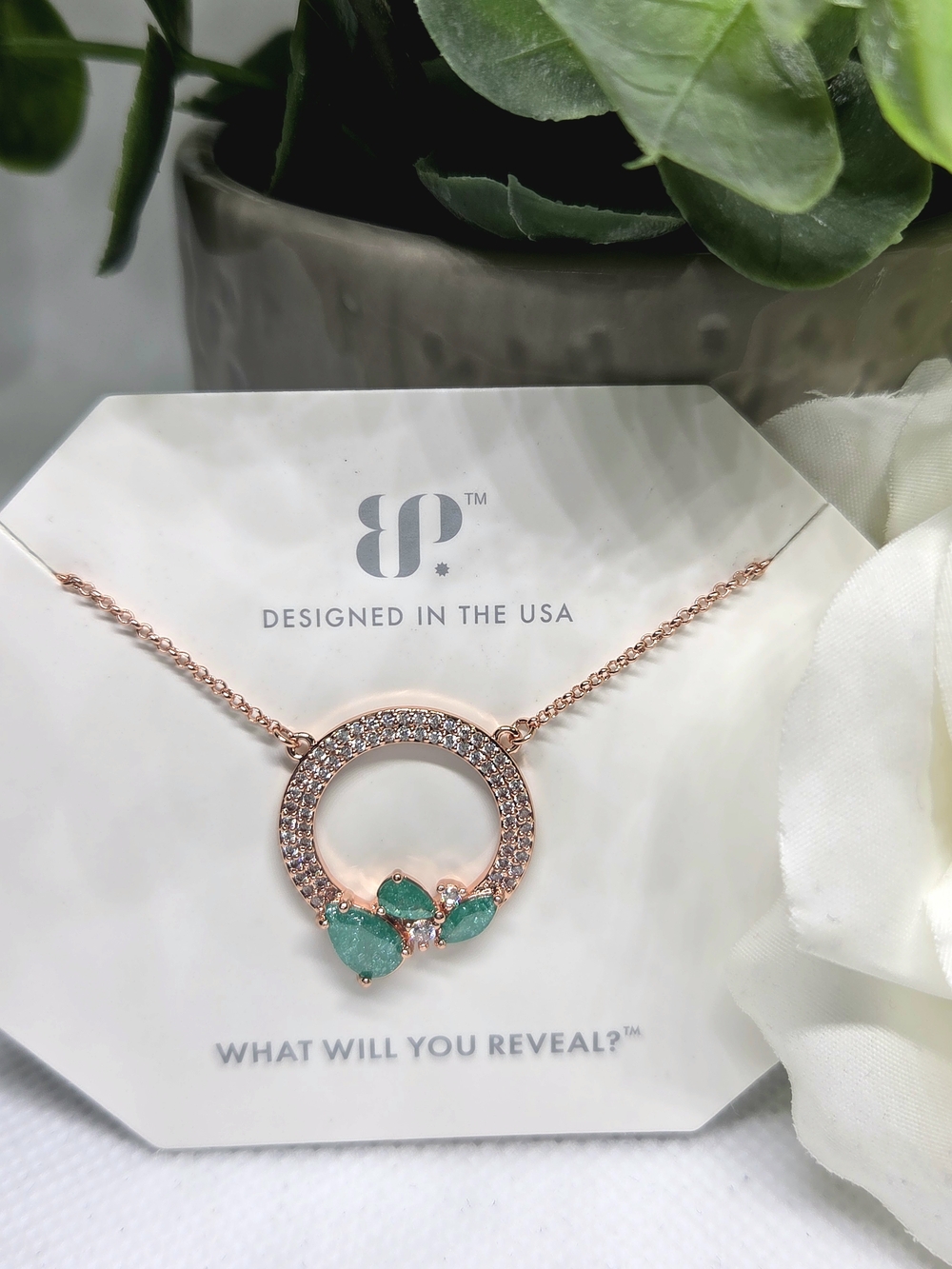 BP Rose Gold Circle Necklace with Emerald Ice Crystal CZ